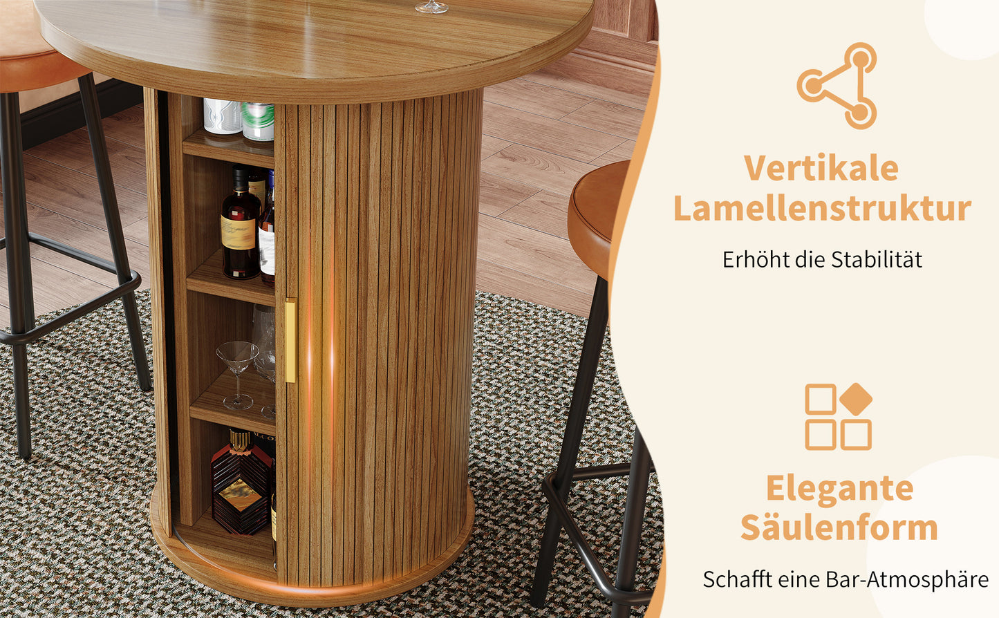 Runder Bartisch mit Stauraum, 91,6cm hoher Stehtisch mit Schrank, MDF Holzoptik, Belastbar bis 75kg, für Bar & Wohnzimmer