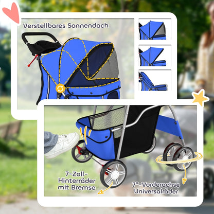 Foldable Blue Pet Stroller with Rain Cover and Reflectors