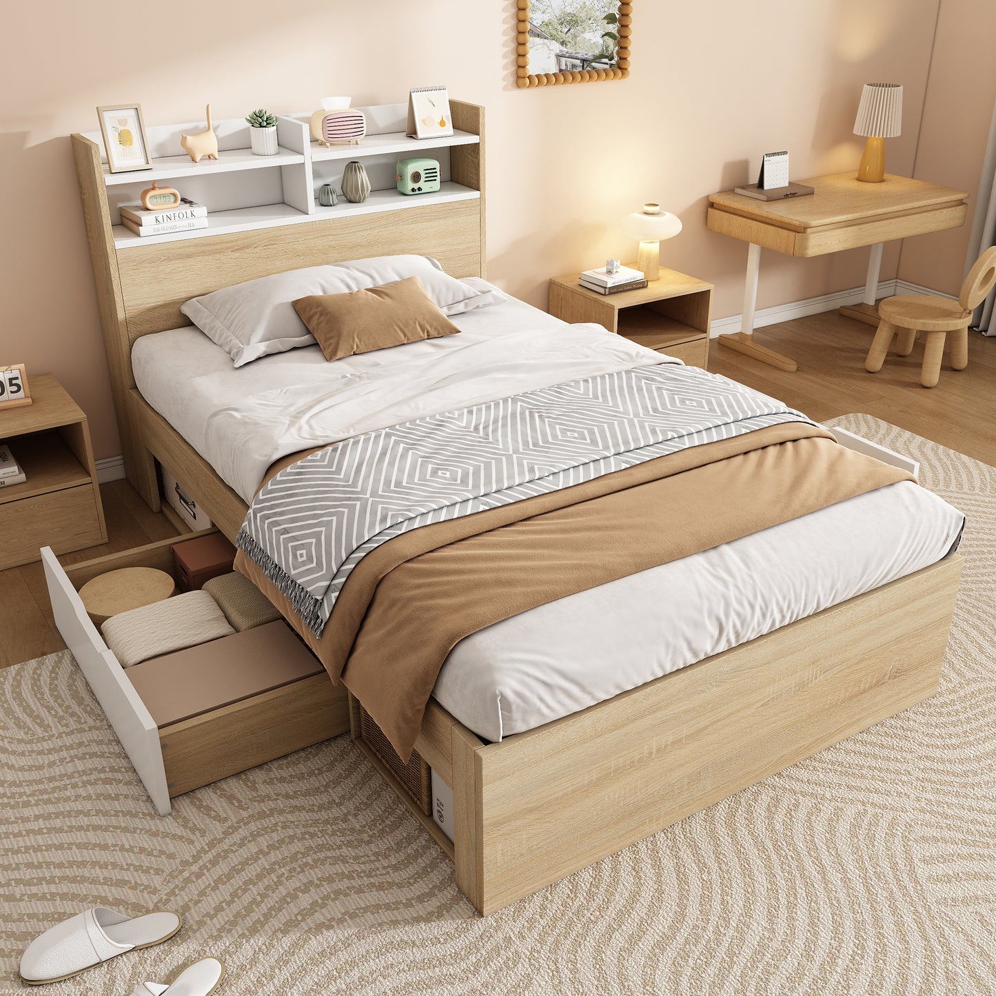 Gigab2b original image - Holz-Einzelbett 90x200 Weiß/Eiche, zweifarbiges Bett mit Kopfteil-Ablage, 2 Schubladen & offenen Fächern, teilweise Massivholz, praktisches Stauraumbett für kleine Räume, ohne Matratze