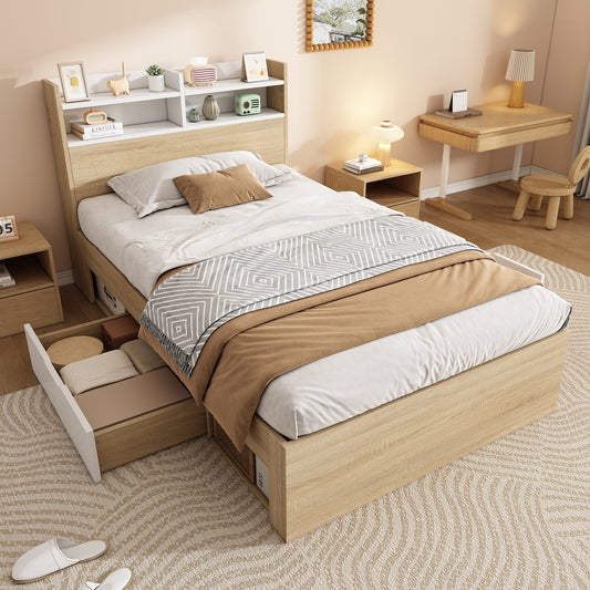 Gigab2b original image - Holz-Einzelbett 90x200 Weiß/Eiche, zweifarbiges Bett mit Kopfteil-Ablage, 2 Schubladen & offenen Fächern, teilweise Massivholz, praktisches Stauraumbett für kleine Räume, ohne Matratze