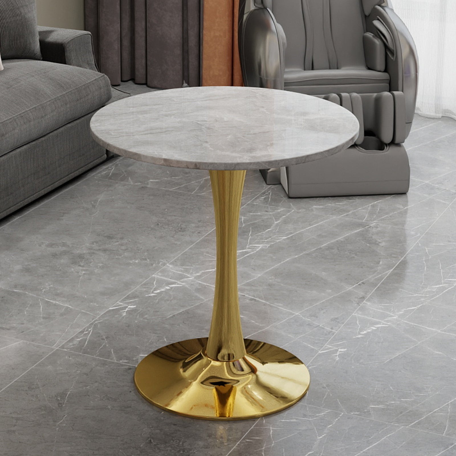 27.6-inch golden coffee table, mid-century modern style dining table, suitable for 2-4 people, featuring a round marble tabletop with a light gray veined finish, perfect for various settings.