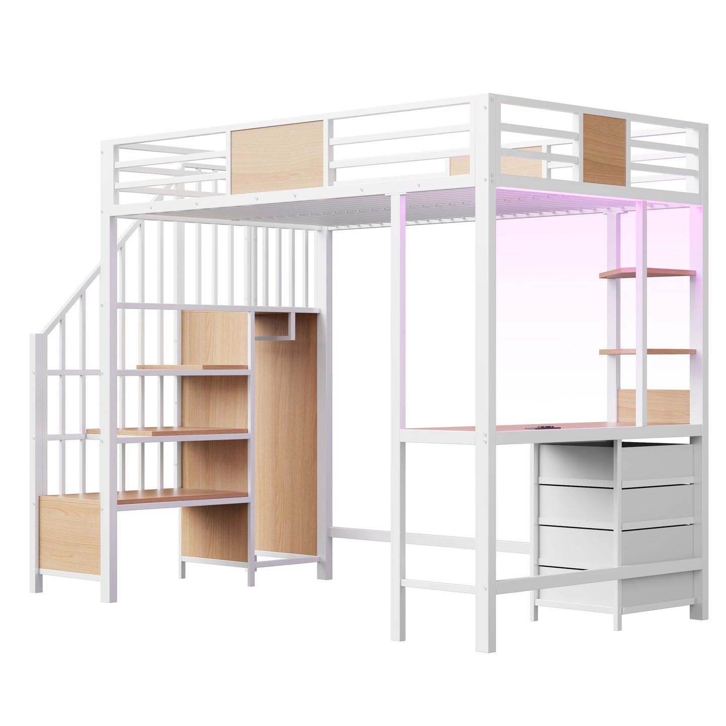 Metal Loft Bed with Desk, Storage, and Clothes Rail