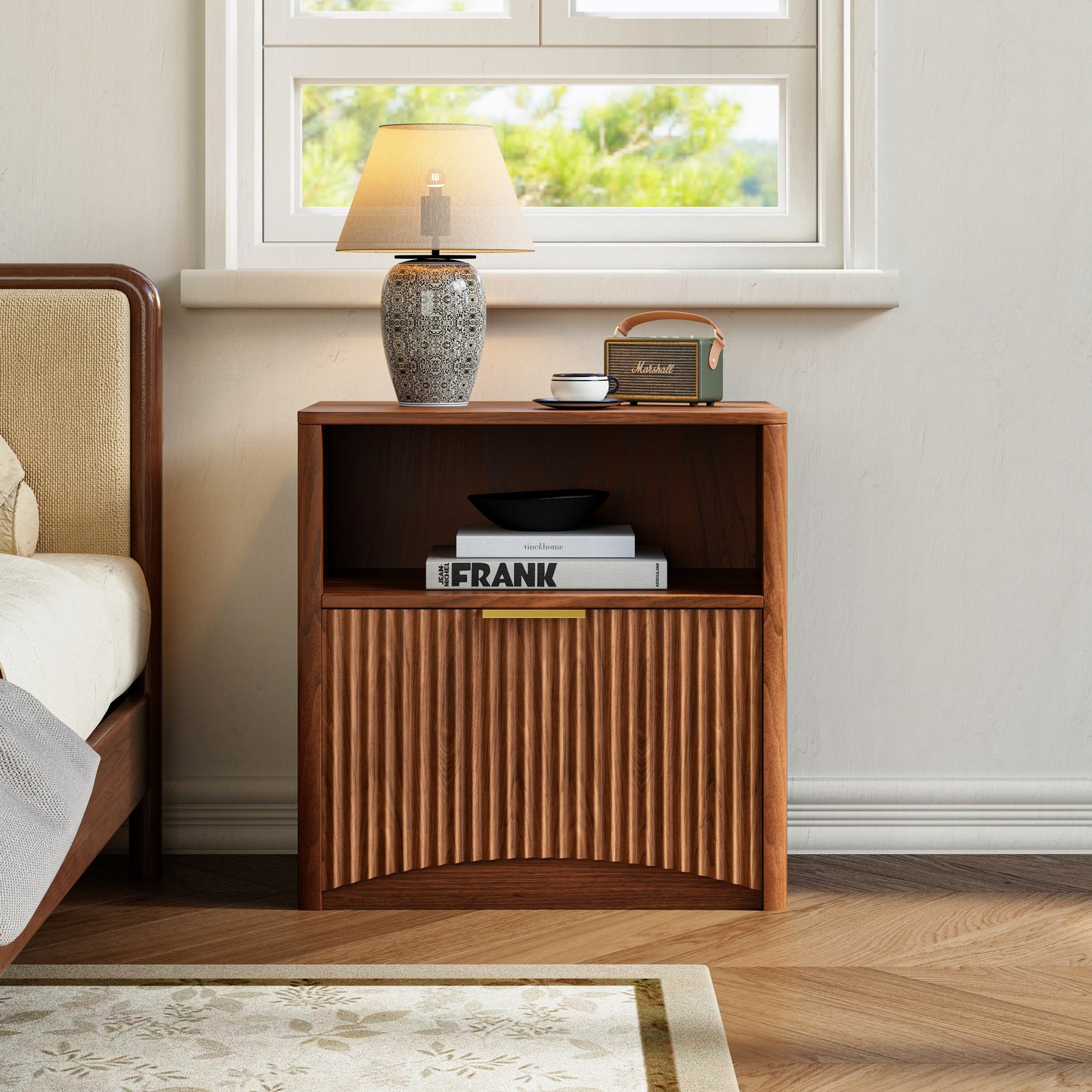 Space-Saving Golden Nightstand with Open Drawer