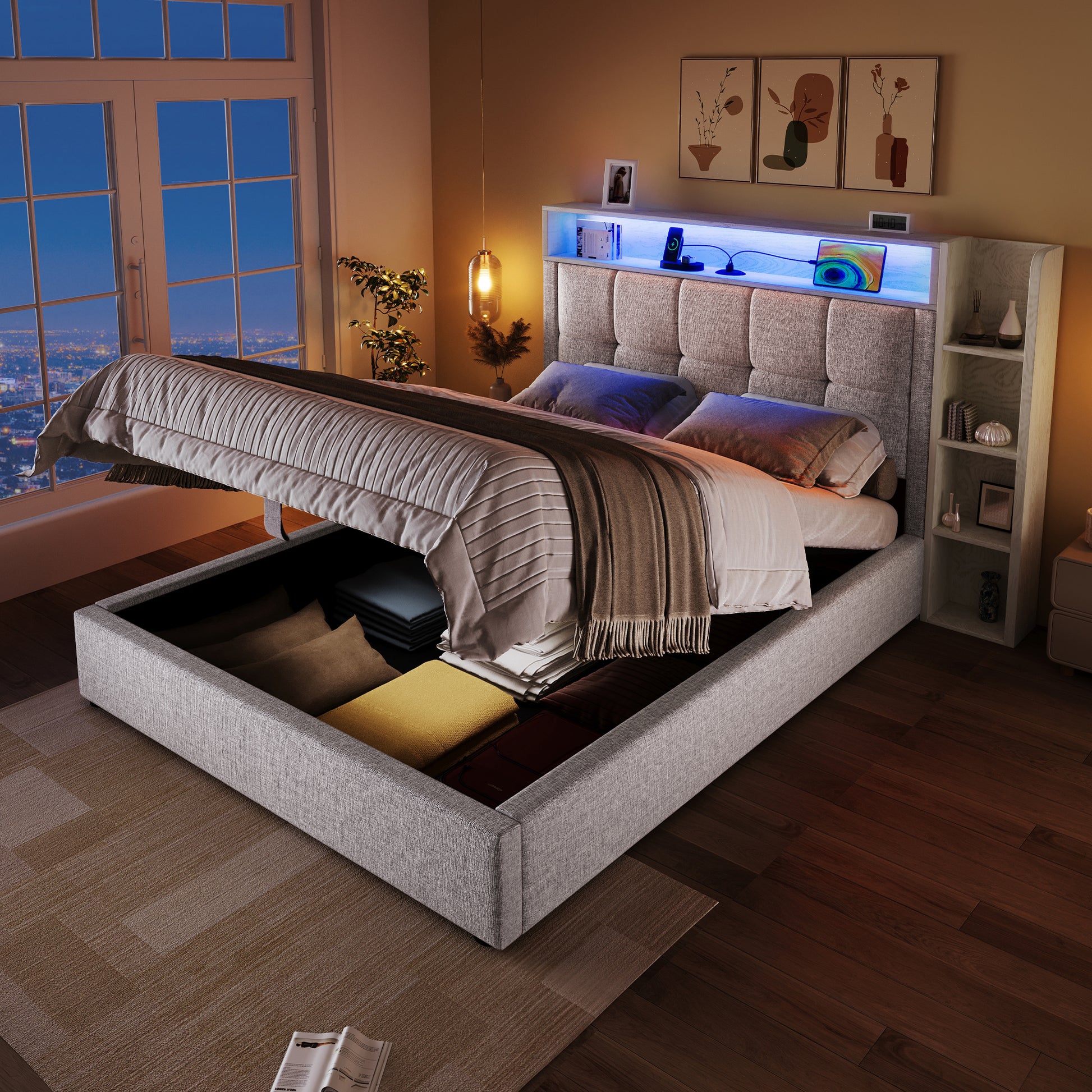 Gigab2b original image - Polsterbett , 90x200 cm, Mit USB Typ-C Ladefunktion,Ohne Matratze, Multifunktionale Aufbewahrung, LED-Beleuchtung, Drucktaste/Appdienung,Leinen, Beige