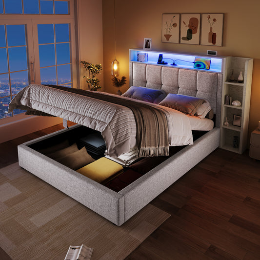 Gigab2b original image - Polsterbett , 90x200 cm, Mit USB Typ-C Ladefunktion,Ohne Matratze, Multifunktionale Aufbewahrung, LED-Beleuchtung, Drucktaste/Appdienung,Leinen, Beige