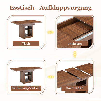 Moderner ausziehbarer Esstisch aus Nussbaumholz mit Ablage, platzsparender Küchentisch aus Holz für 4–8 Personen, ausziehbarer Esstisch mit Metallschienen