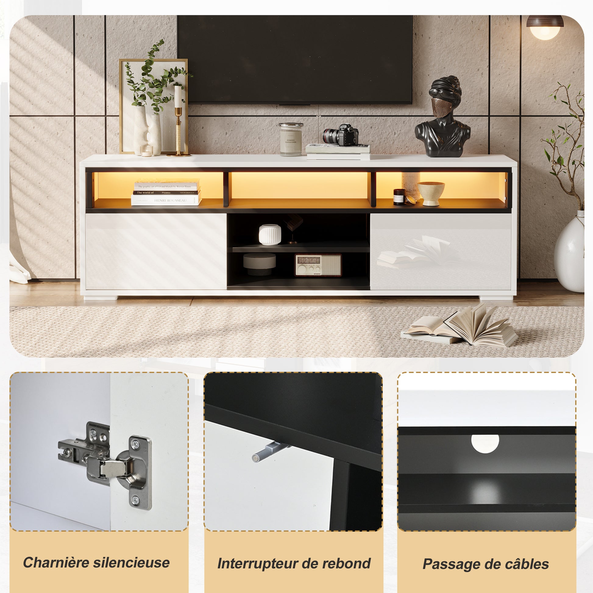 150 × 35 × 50 cm LED-TV-Bank aus Hochglanz-Spanplatte, Modernes Lowboard mit Stauraum für kleine Wohnzimmer,Unterschrank mit zwei Türen,8 Lagerräume,Speziell für kleine Wohnungen konzipiert