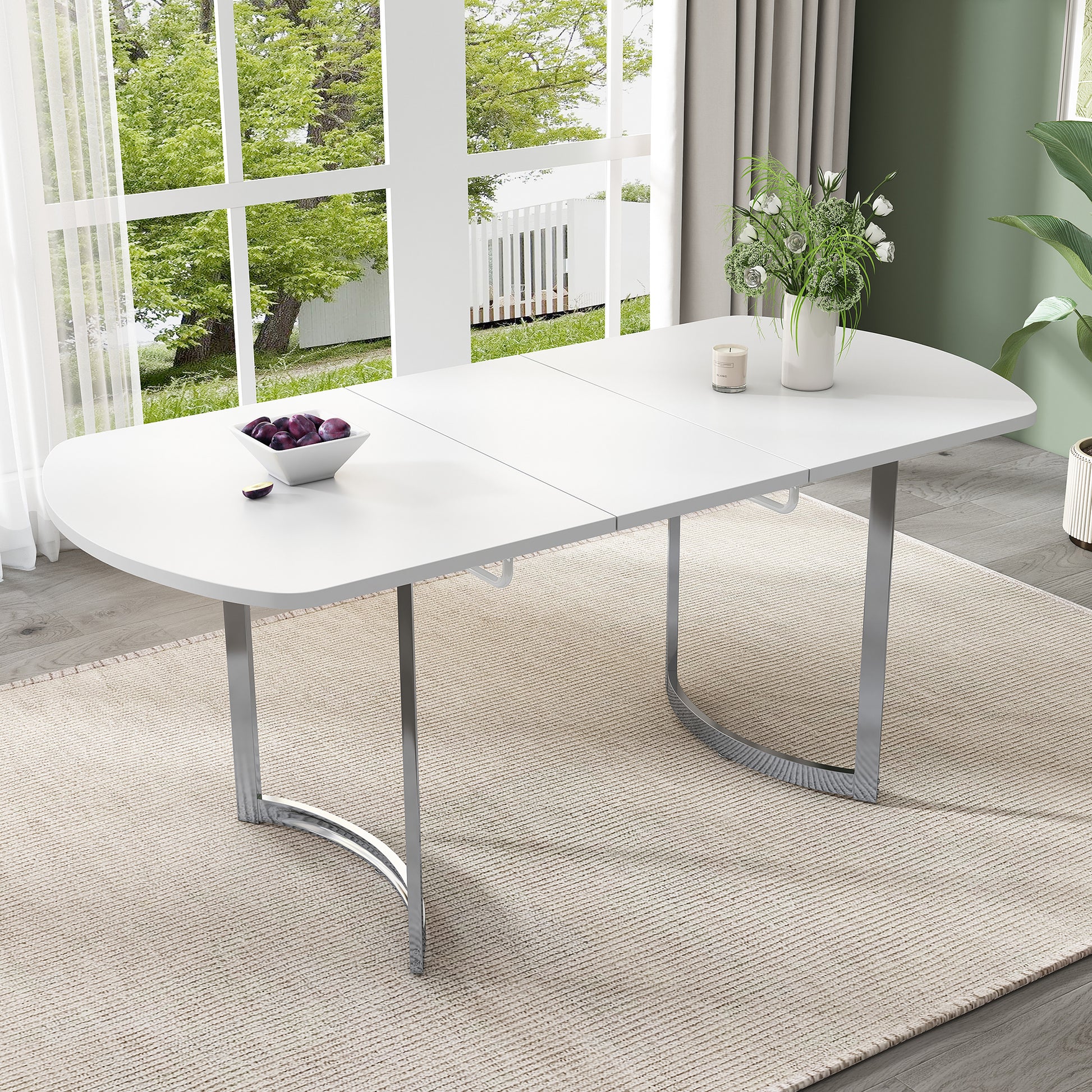 Ausziehbarer Esstisch 140/180 x 80 cm, ausziehbare Länge 180 cm, versilberte Metallbeine, moderner Stil, hochfeste Legierungshalterung, geeignet für 4–6 Personen, weiße + versilberte Tischbeine