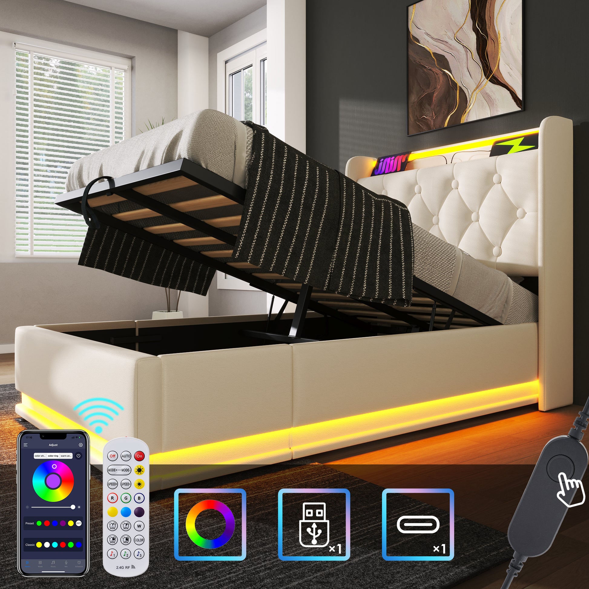 Gigab2b original image - Polsterbett einzelbett, 360-Surround-LED-Funktion, Drucktaste/App/Fernbedienung, 90*200 cm, weiß PU-Material Hydraulisches Lagerbett, gepolstertes Kopfteil mit USB Typ-C Ladefunktion (Ohne Matratze)