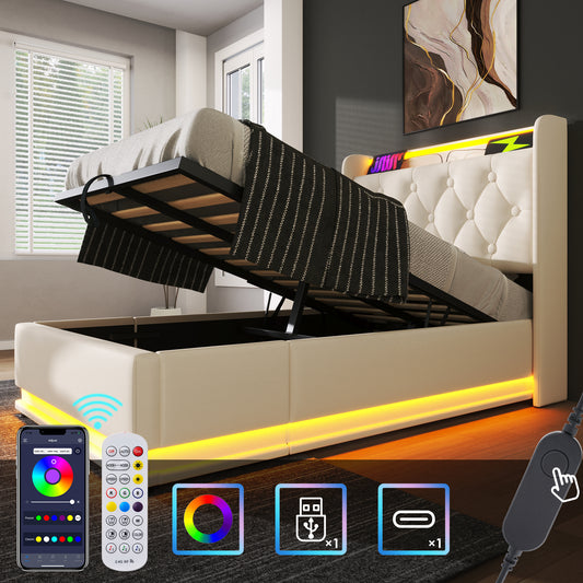 Gigab2b original image - Polsterbett einzelbett, 360-Surround-LED-Funktion, Drucktaste/App/Fernbedienung, 90*200 cm, weiß PU-Material Hydraulisches Lagerbett, gepolstertes Kopfteil mit USB Typ-C Ladefunktion (Ohne Matratze)
