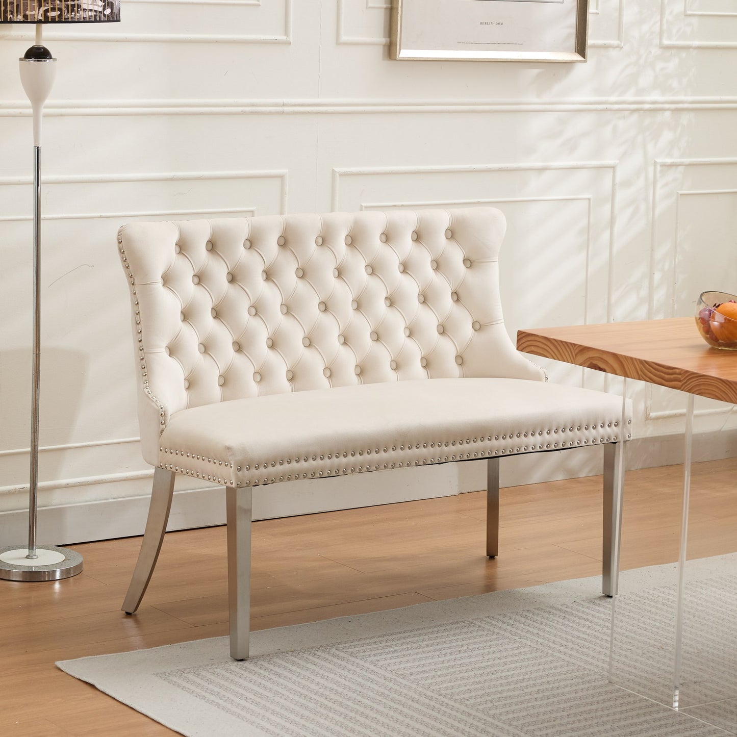 Gigab2b original image - Velvet Double Dining Loveseat Bench, Kitchen & Dining Seating, 2-Seat Tufted Bench w/Handmade Buttons, Wing Back, Brushed Silver Stainless Steel Legs, Mid Century Modern, Single Pack,Beige,DE1702BG