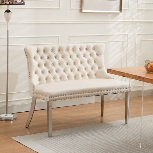 Gigab2b original image - Velvet Double Dining Loveseat Bench, Kitchen & Dining Seating, 2-Seat Tufted Bench w/Handmade Buttons, Wing Back, Brushed Silver Stainless Steel Legs, Mid Century Modern, Single Pack,Beige,DE1702BG