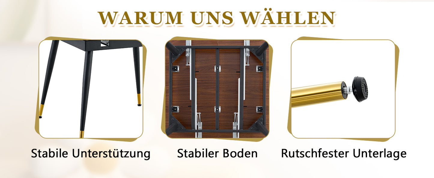 Moderner Ausziehbarer Esstisch, Verwandelt sich von Rund zu Oval, MDF-Platte in Schwarz/Nussbaum mit Gold-Akzenten, Stabile Metallbeine, Platzsparend für Küche & Esszimmer