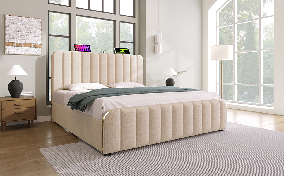 Polsterbett Doppeltes, gepolstertes Kopfteil mit goldenen Zierstreifen und ,USB Typ-C Ladefunktion 140*190 cm, Beige Leinen-Material Hydraulisches Lagerbett,Belastbarkeit 181 kg (Ohne Matratze)