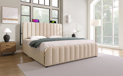 Polsterbett Doppeltes, gepolstertes Kopfteil mit goldenen Zierstreifen und ,USB Typ-C Ladefunktion 140*190 cm, Beige Leinen-Material Hydraulisches Lagerbett,Belastbarkeit 181 kg (Ohne Matratze)