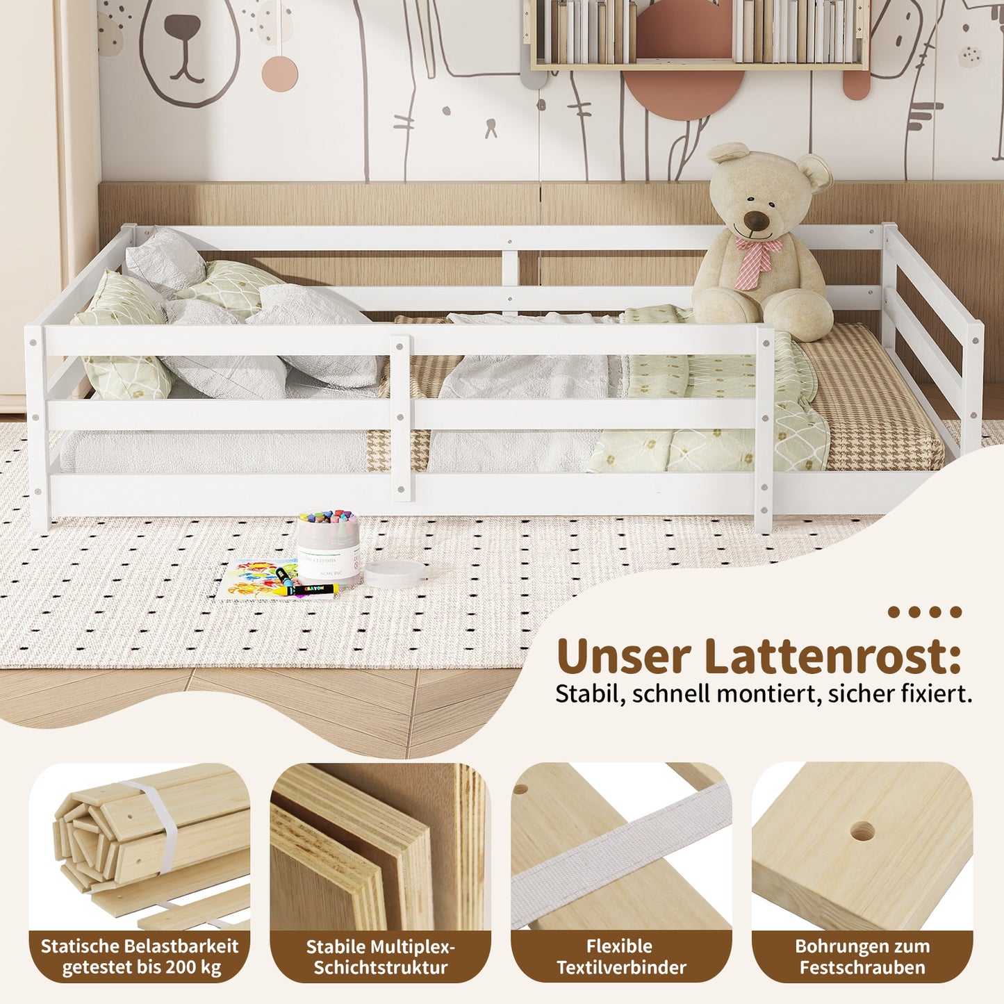 Montessori Bodenbett mit 4-Seiten-Gitter – Vollflächig, kein Lattenrost benötigt, Kiefernholz, einfach aufzubauen (140x200 cm, weiß)