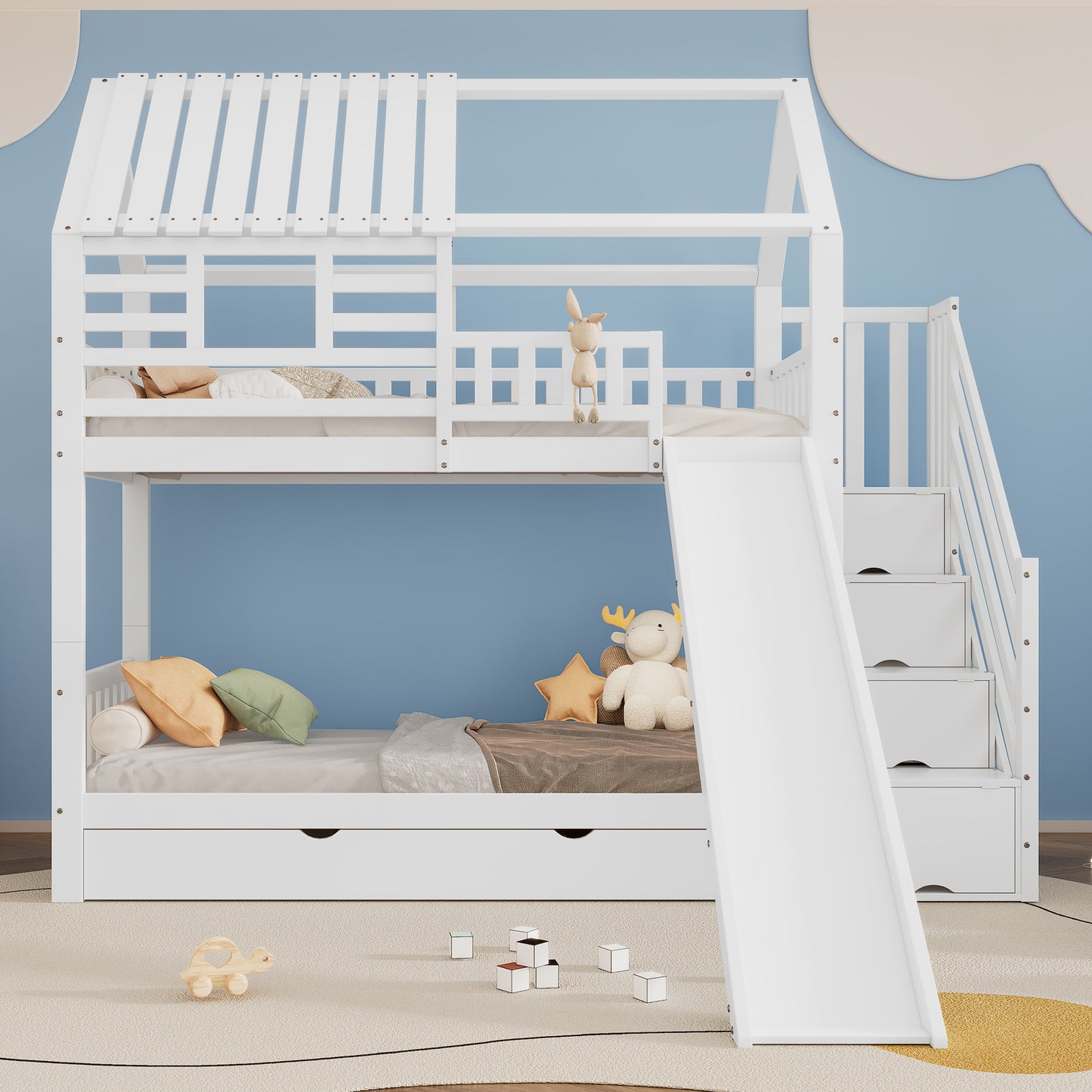 Gigab2b original image - [318719012WAA]Etagenbett mit Treppe und Rutsche, Hausbett, Treppe mit Stauraum, Rahmen aus Kiefernholz und MDF, Kinderbett mit Fenster und Dach, mit Fallschutzgitter und Schublade, Weiß, 90x200cm*2