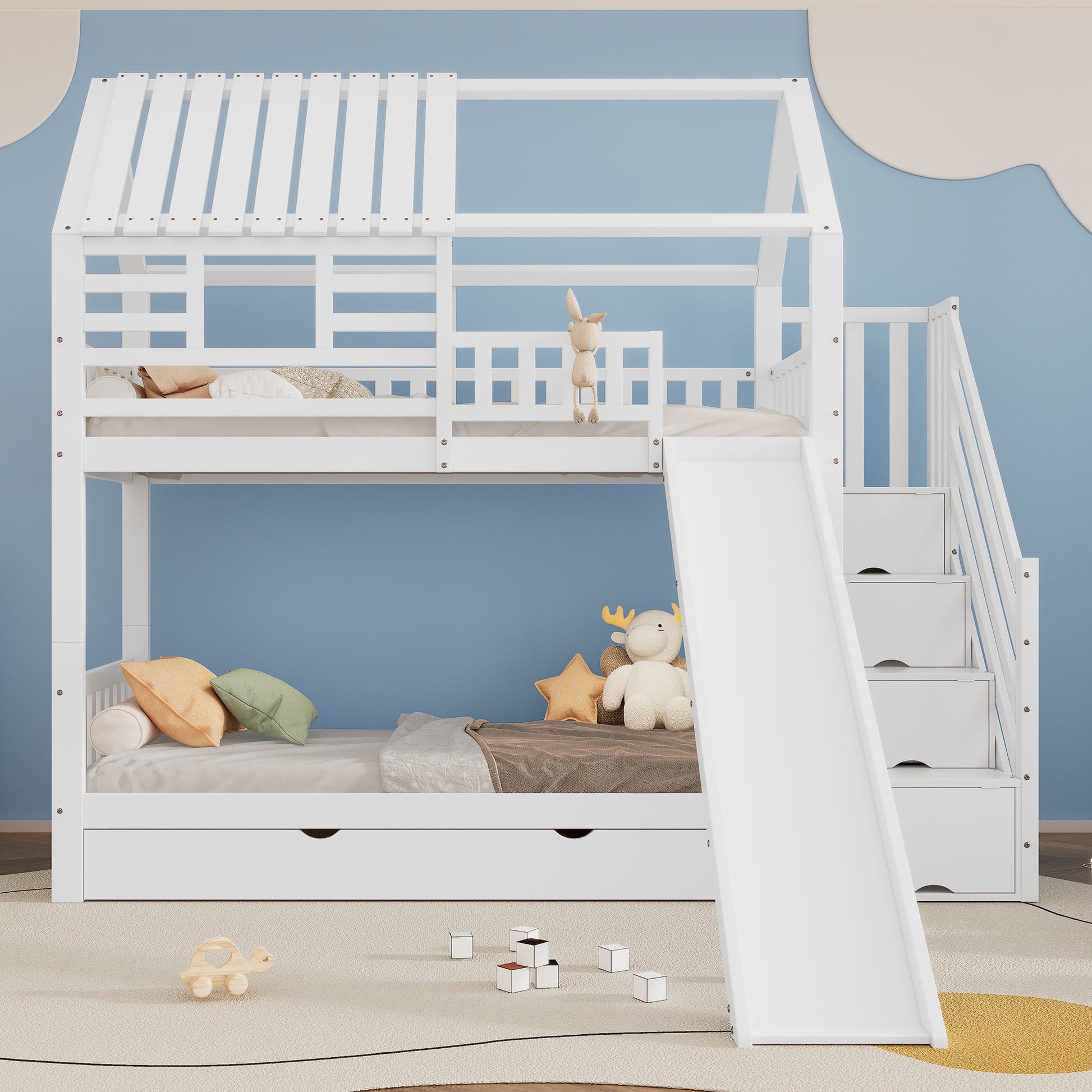 Gigab2b original image - [318719012WAA]Etagenbett mit Treppe und Rutsche, Hausbett, Treppe mit Stauraum, Rahmen aus Kiefernholz und MDF, Kinderbett mit Fenster und Dach, mit Fallschutzgitter und Schublade, Weiß, 90x200cm*2