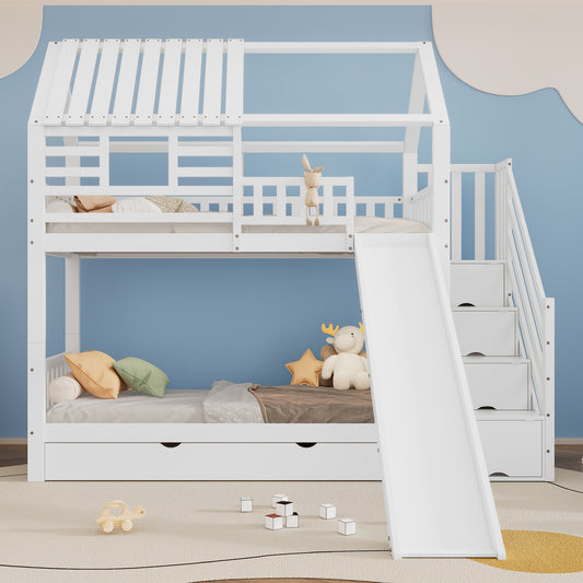 Gigab2b original image - [318719012WAA]Etagenbett mit Treppe und Rutsche, Hausbett, Treppe mit Stauraum, Rahmen aus Kiefernholz und MDF, Kinderbett mit Fenster und Dach, mit Fallschutzgitter und Schublade, Weiß, 90x200cm*2
