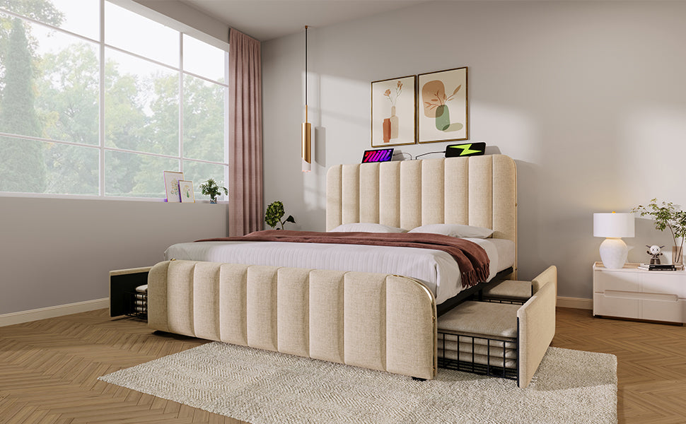 Polsterbett Doppeltes, gepolstertes Kopfteil mit goldenen Zierstreifen und ,USB Typ-C Ladefunktion 140*190 cm, Beige Leinen-Material mit 4 Schubladen ,Belastbarkeit 181 kg (Ohne Matratze)