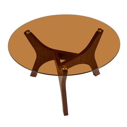 Runder Couchtisch mit Bernstein-Glasplatte, Moderner Wohnzimmertisch mit braunem Holzrahmen, Stabiler Kaffeetisch 80cm, Hitze- & Kratzfest, für Wohnzimmer, Büro & Lounge