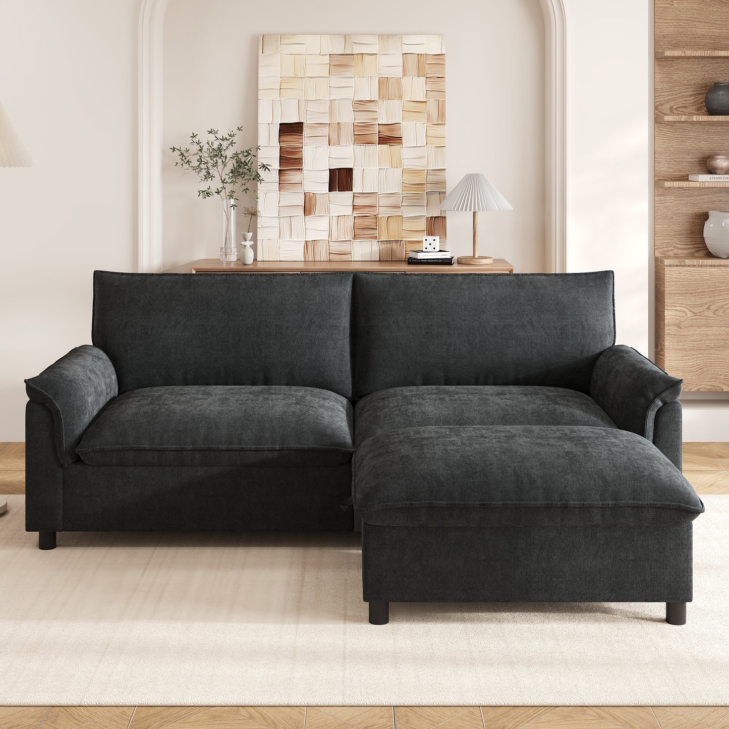 Modulares Cloud-Sectional-Sofa, komfortables Ecksofa für das Wohnzimmer, modernes Deep-Seat-Design, übergroßes Cloud-Sofa, mit 1 beweglichen Fußhocker, hohe Rückenlehne, Schwarz, B216 × H82 × T77 cm