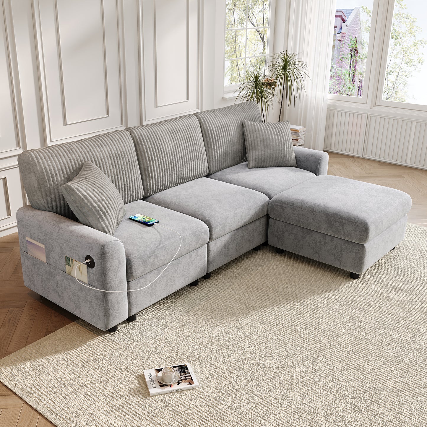 Modernes Sofa mit 1 Fußhocker, 2 quadratischen Kissen, 1 USB-Anschluss und 1 Type-C-Anschluss, Grau (Maße: B223 × H84 × T146 cm)