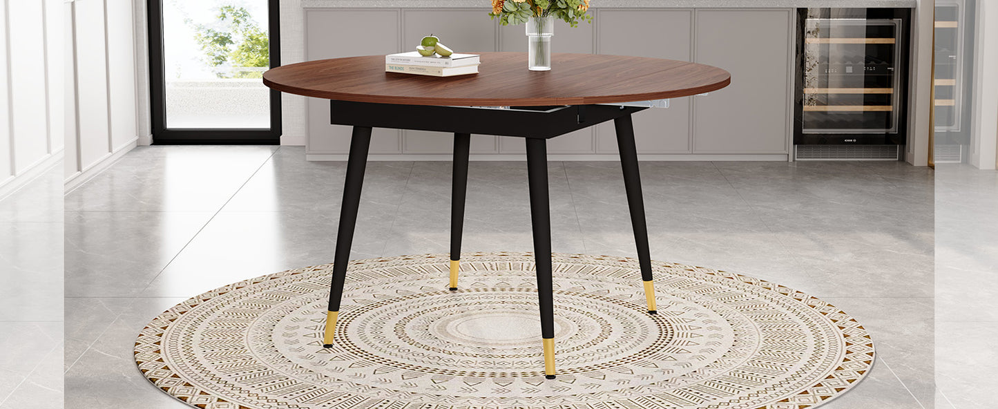 Moderner Ausziehbarer Esstisch, Verwandelt sich von Rund zu Oval, MDF-Platte in Schwarz/Nussbaum mit Gold-Akzenten, Stabile Metallbeine, Platzsparend für Küche & Esszimmer