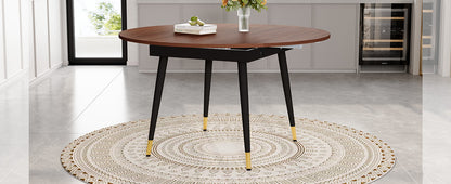 Moderner Ausziehbarer Esstisch, Verwandelt sich von Rund zu Oval, MDF-Platte in Schwarz/Nussbaum mit Gold-Akzenten, Stabile Metallbeine, Platzsparend für Küche & Esszimmer