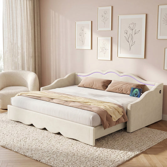 Gigab2b original image - Polsterbett, Daybett, Tagesbett, Sofabett, Schlafsofa, Tagbett 90x200 cm, ausziehbar auf 180 cm, mit LED und USB-Anschluss, Beige Samt