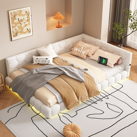 Daybett, 140*200cm Tagesbett, Schlafsofa, Bett mit Lattenrost(ohne Matratze), 16 Farben Umgebungslicht, USB-Anschluss,Typ-C, Bequemes Material, Vliesimitat, Weiß