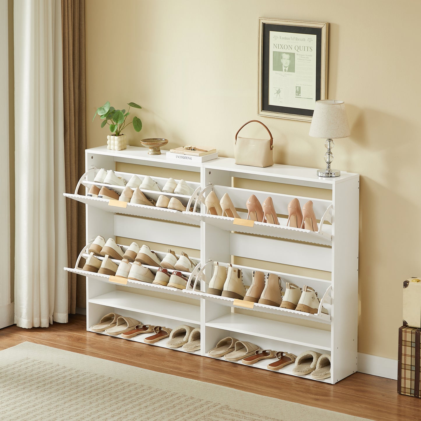 80 x 24 cm Schuhschrank mit Nutfront – Höhenverstellbar mit Kippschutz und Dekotisch für den Flur, in Weiß