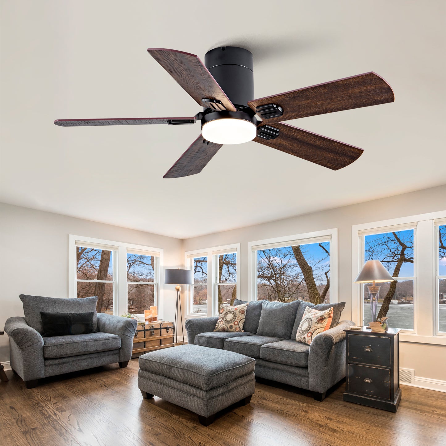 42-Zoll flacher schwarzer Deckenventilator mit Fernbedienung, 3-farbig dimmbare LED, reversibler leiser DC-Motor mit Speicherfunktion, Innen- & Außennutzung für Schlafzimmer Terrasse