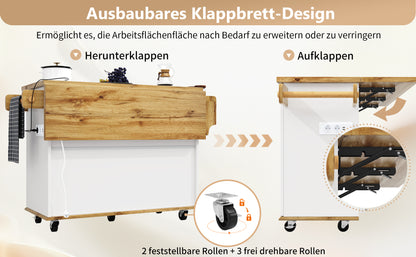 Küchenwagen mit ausklappbarer Arbeitsplatte & Stromanschluss, mobiler Kücheninselschrank mit Rollen, Weiß-Holzoptik, belastbar bis 70kg