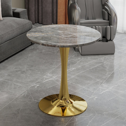 27.6-inch gold coffee table, mid-century modern style dining table, suitable for 2-4 people, featuring a round marble tabletop with a deep gray veined finish, perfect for various settings.