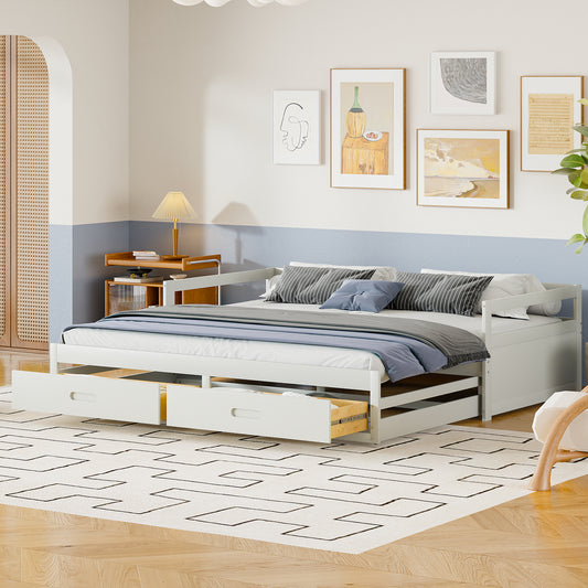 Ausziehbares Schlafsofa 90/180*200 cm mit Schubladen und Lattenrosten, Kiefernbett mit Stauraum, weiß (Alte SKU: LD000033AAK)