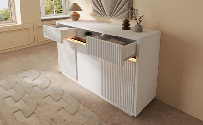 Sideboard Weiß mit LED 140x40x85 cm, Kommode mit 2 Schubladen und 3 Türen, Schrank mit verstellbaren Einlegeböden, moderner Wohnzimmerschrank Flur Küchenschrank