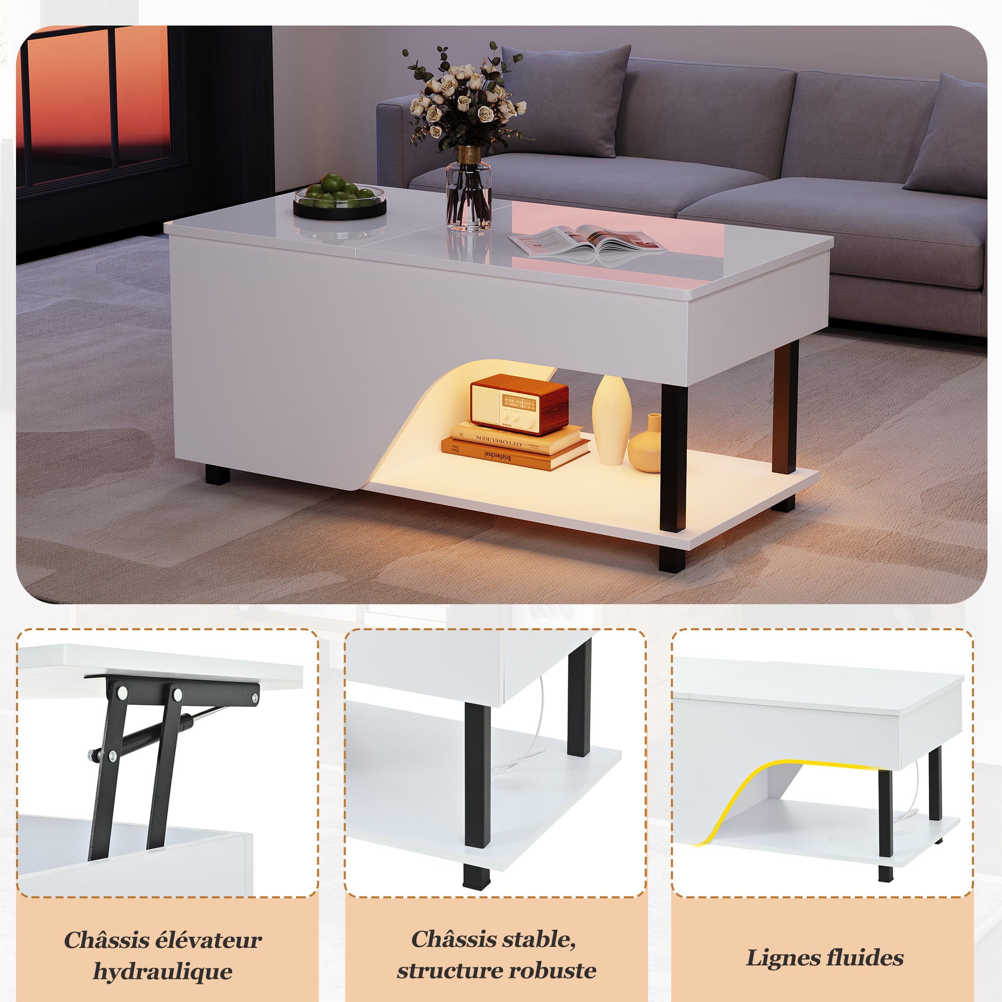 50 x 100 x 46 cm höhenverstellbarer Wohnzimmer-Couchtisch,Beistelltisch mit verstecktem Stauraum,Durchbrochener kaffetisch,Hochglänzender LED-Sofatisch,Teetisch mit seitlicher Ablage,Weiß