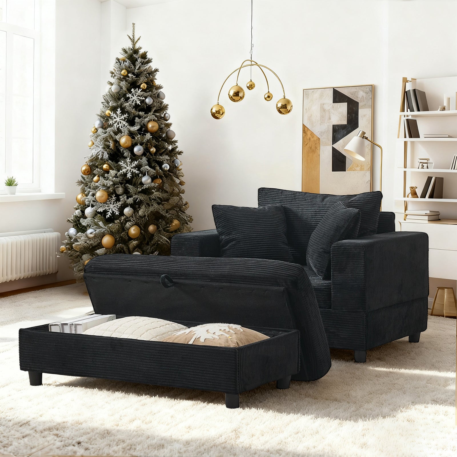 Chaiselongue mit Fußablage & Stauraum, Lounge-Sofa mit 3 Kissen für Wohnzimmer & Schlafzimmer – Schwarz