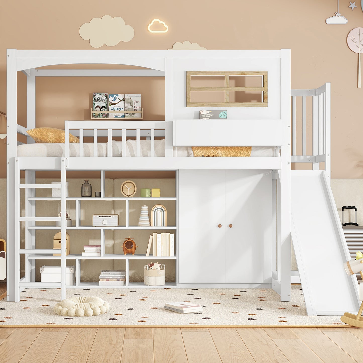 Gigab2b original image - Etagenbett, Kinderbett, mit Fallschutzgitter, mit Kinderrutsche und Kleiderschrank, Reichlich Stauraum, Mit vierstufiger Leiter, Kiefer+MDF+Sperrholz, Weiß, 90x200cm
