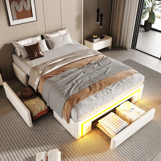 Bettgestell 90X200 mit Schubladen, PU-Leder Bett ohne Kopfteil Mit LED-Lichtleiste, MetalllattenPlattformbett für moderne Schlafzimmer Weiß