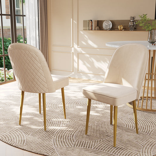 2 Esszimmerstühle, moderne beige Samt-Esszimmerstühle, goldene Metallbeine, modisch und bequem, geeignet für Esszimmer, Wohnzimmer und Arbeitszimmer