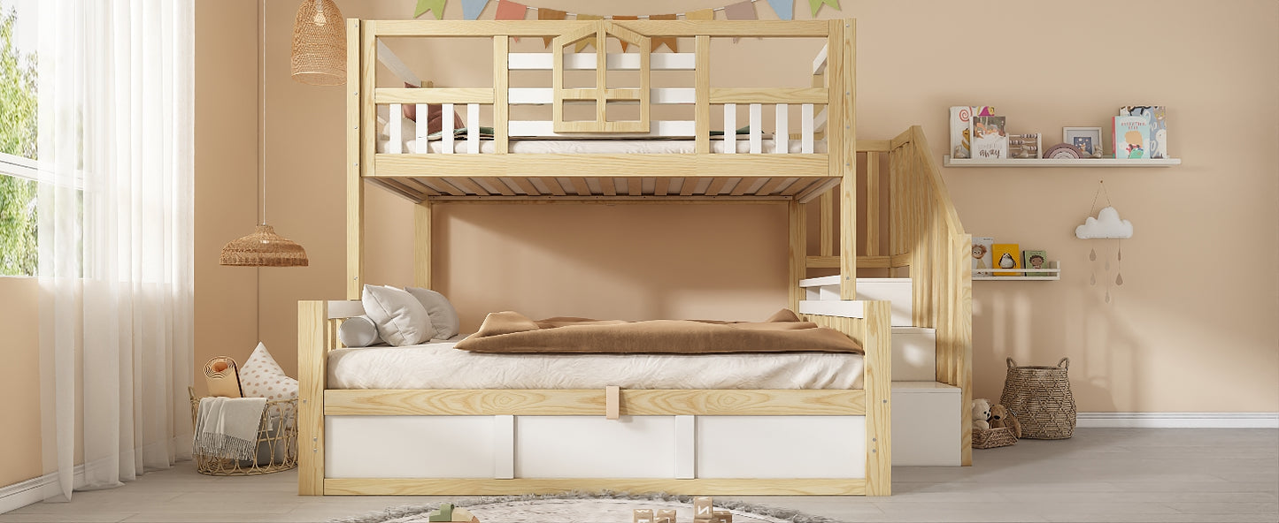 Children's Bunk Bed with Window and Safety Railing in White & Natural Wood