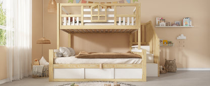Children's Bunk Bed with Window and Safety Railing in White & Natural Wood