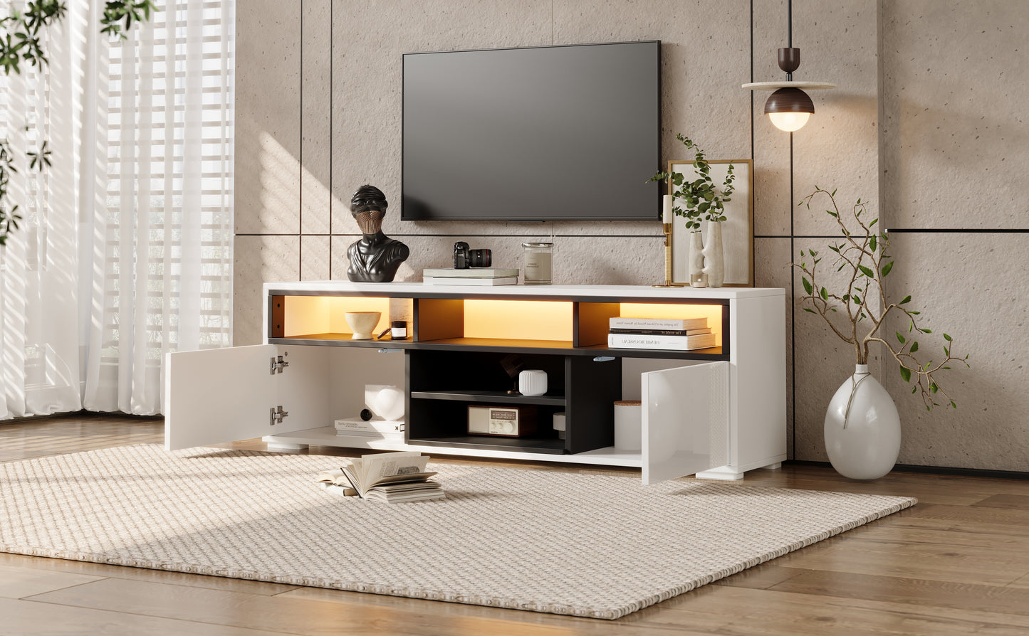 150 × 35 × 50 cm LED-TV-Bank aus Hochglanz-Spanplatte, Modernes Lowboard mit Stauraum für kleine Wohnzimmer,Unterschrank mit zwei Türen,8 Lagerräume,Speziell für kleine Wohnungen konzipiert