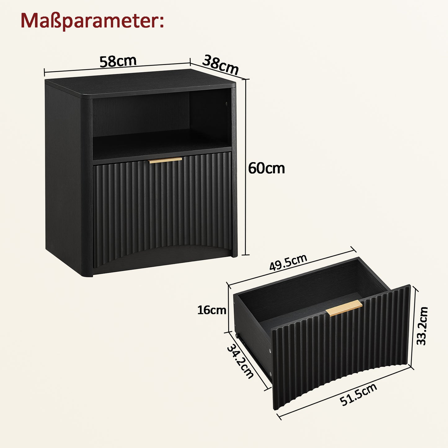 Space-Saving Nightstand with Open Drawer and Gold Handles