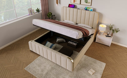 Polsterbett Doppeltes, gepolstertes Kopfteil mit goldenen Zierstreifen und ,USB Typ-C Ladefunktion 140*190 cm, Beige Leinen-Material Hydraulisches Lagerbett,Belastbarkeit 181 kg (Ohne Matratze)