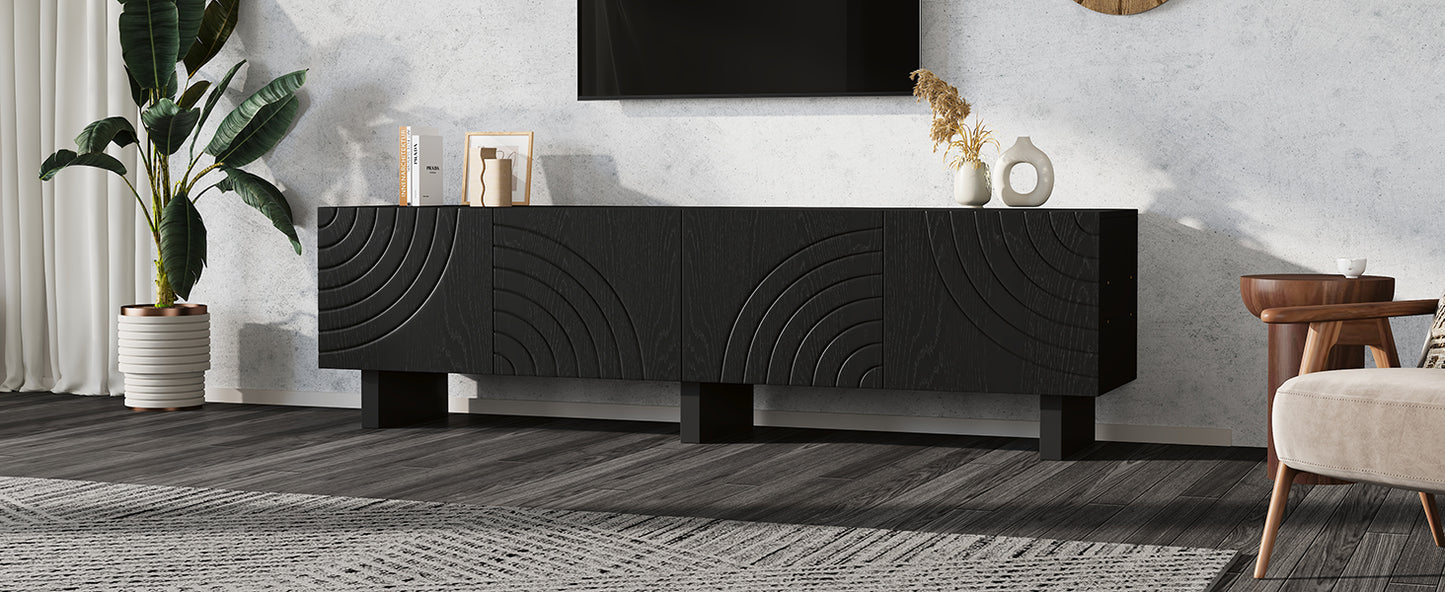 180 × 40 × 55 cm Schwarzes TV-Bank aus Spanplatte, Modernes Lowboard mit Struktur für Wohnzimmer,Fernsehschrank mit 4 Türen, TV-Halterung, Aufbewahrungsschrank.Geeignet für 75-Zoll-Fernseher