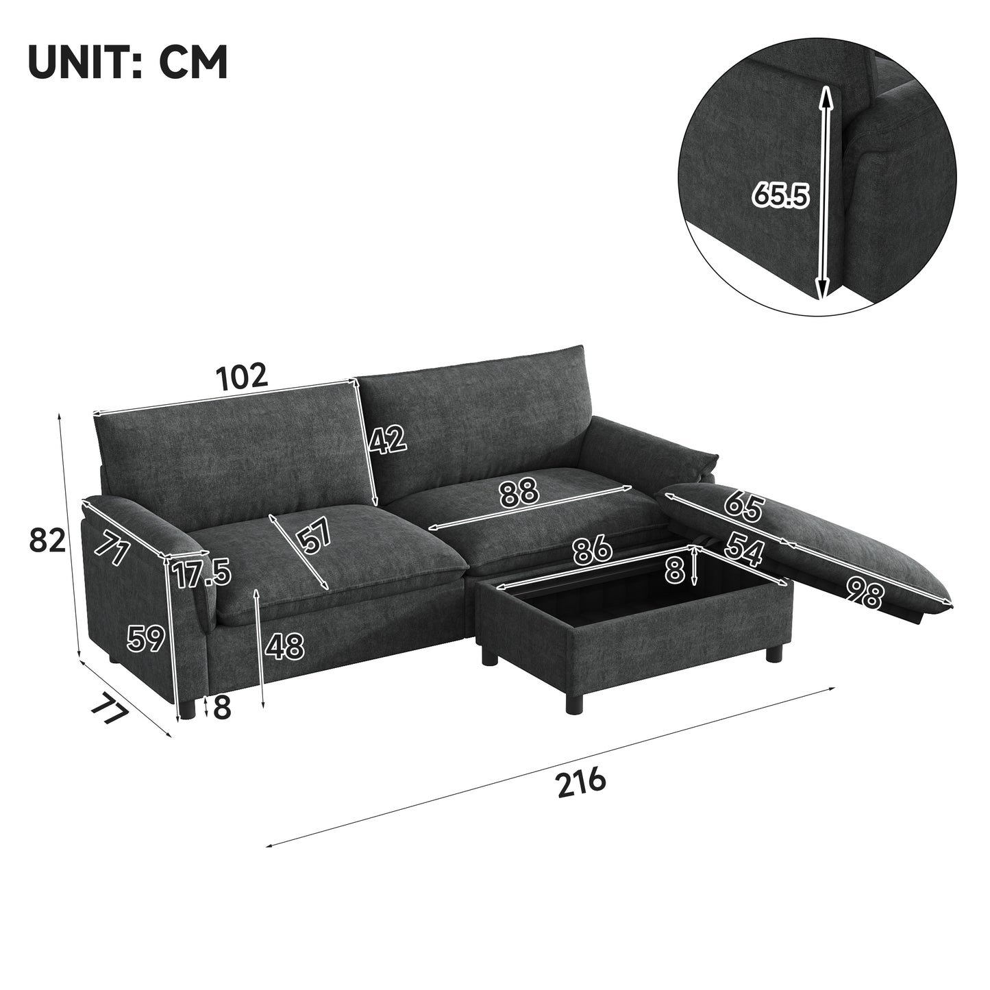 Modulares Cloud-Sectional-Sofa, komfortables Ecksofa für das Wohnzimmer, modernes Deep-Seat-Design, übergroßes Cloud-Sofa, mit 1 beweglichen Fußhocker, hohe Rückenlehne, Schwarz, B216 × H82 × T77 cm