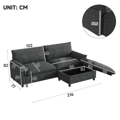 Modulares Cloud-Sectional-Sofa, komfortables Ecksofa für das Wohnzimmer, modernes Deep-Seat-Design, übergroßes Cloud-Sofa, mit 1 beweglichen Fußhocker, hohe Rückenlehne, Schwarz, B216 × H82 × T77 cm